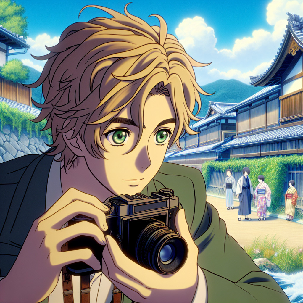 imagine in anime seraph of the end like look showing an anime boy with messy blond hair and green eyes working in deutscher fotograf in japan