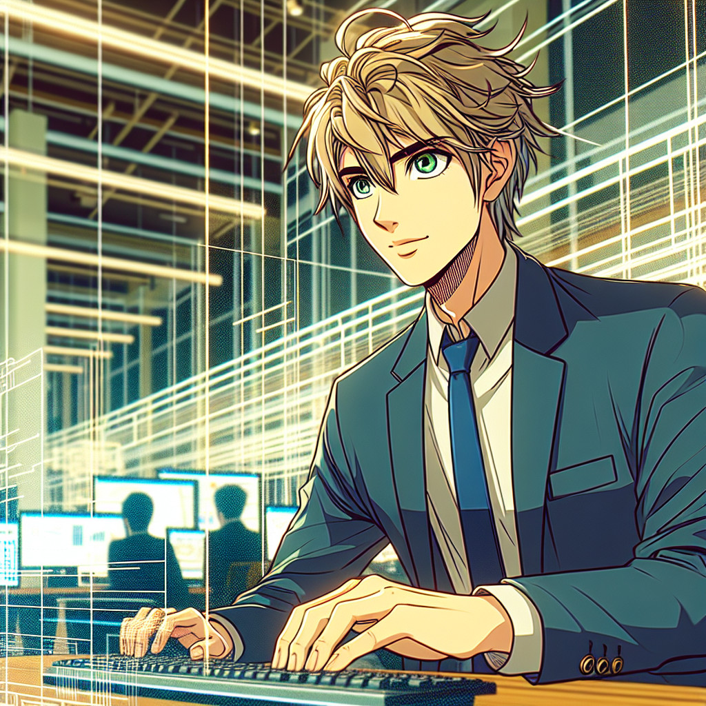 imagine in anime seraph of the end like look showing an anime boy with messy blond hair and green eyes working in deutscher marketingexperte in japan