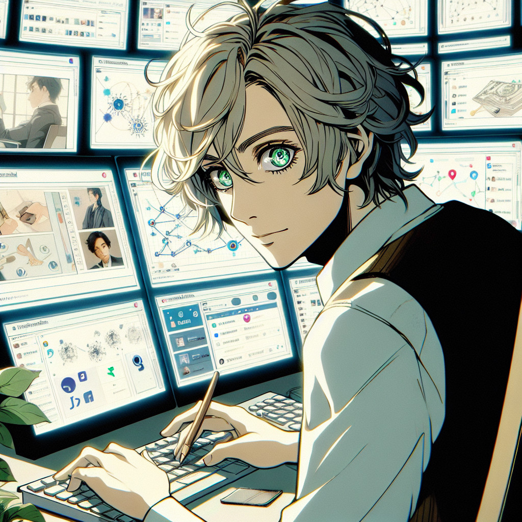 imagine in anime seraph of the end like look showing an anime boy with messy blond hair and green eyes working in deutscher social media marketing experte in japan