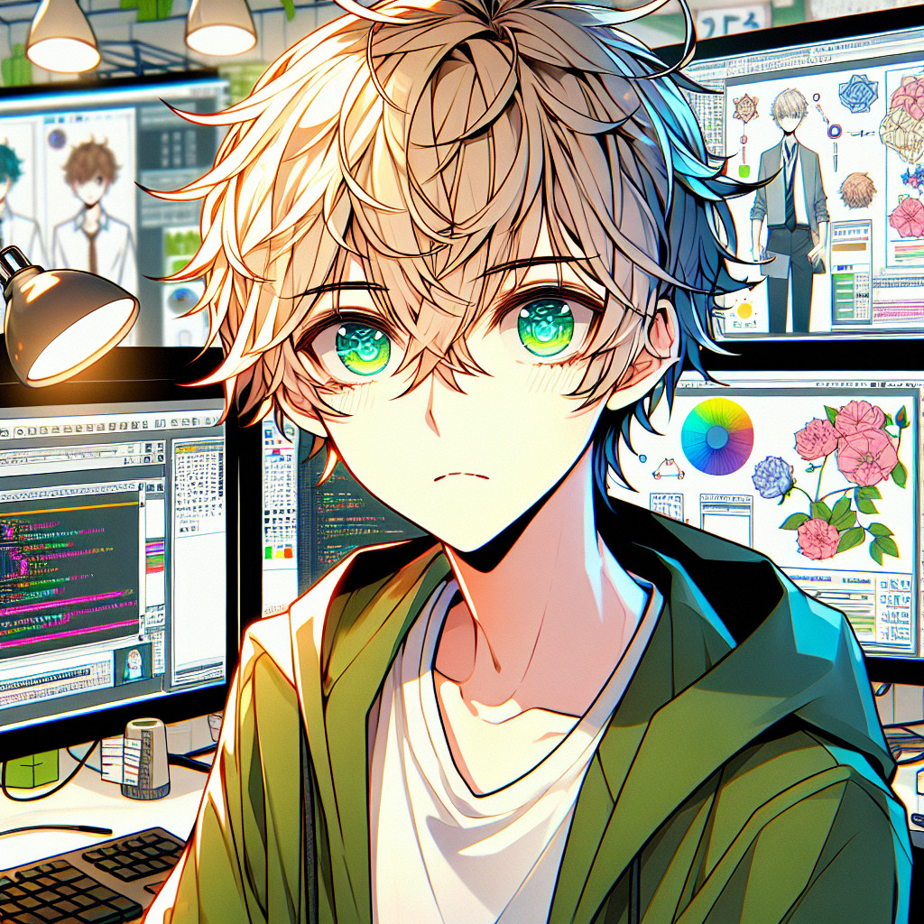imagine in anime seraph of the end like look showing an anime boy with messy blond hair and green eyes working in deutscher ugc ersteller in japan