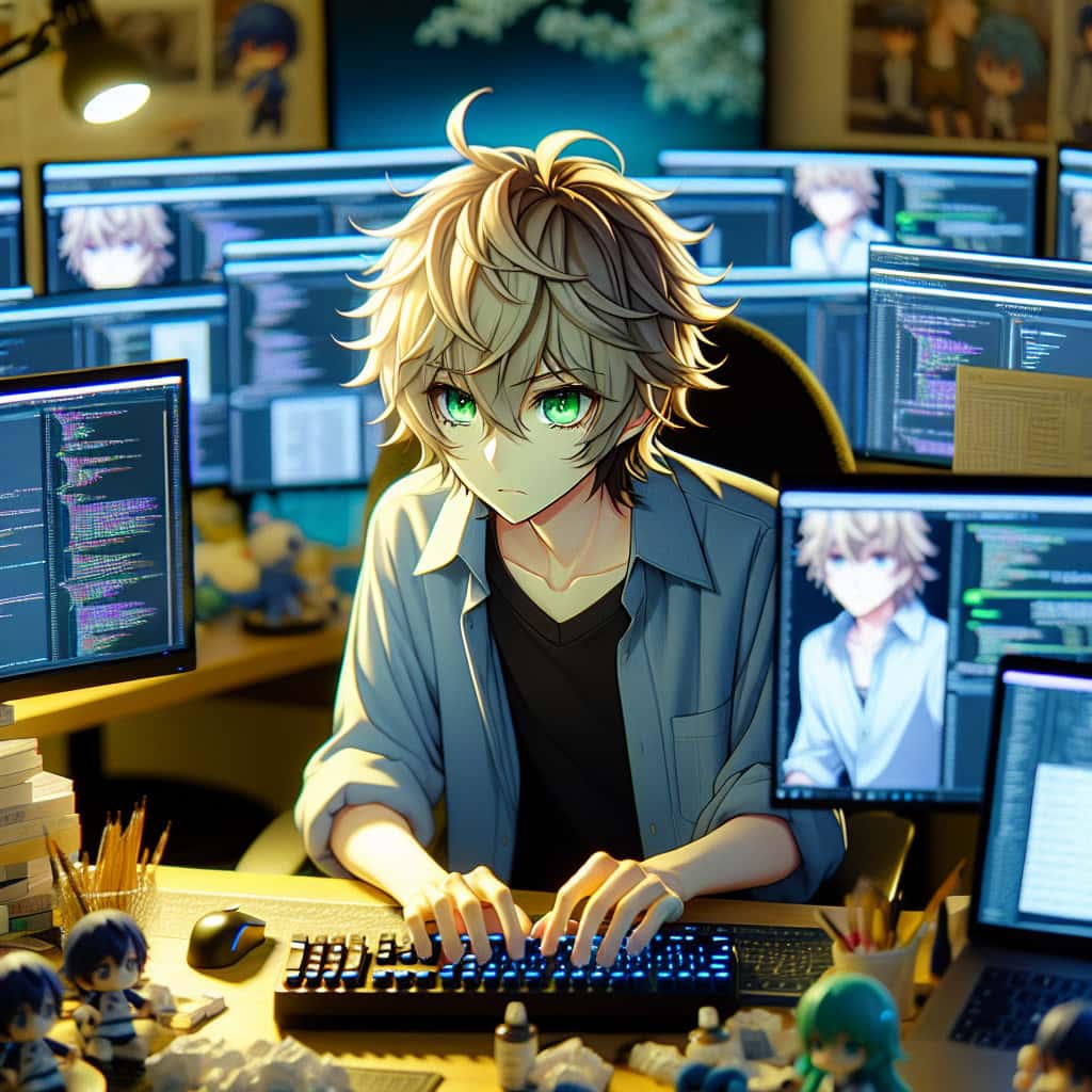 imagine in anime seraph of the end like look showing an anime boy with messy blond hair and green eyes working in deutscher webentwickler in japan